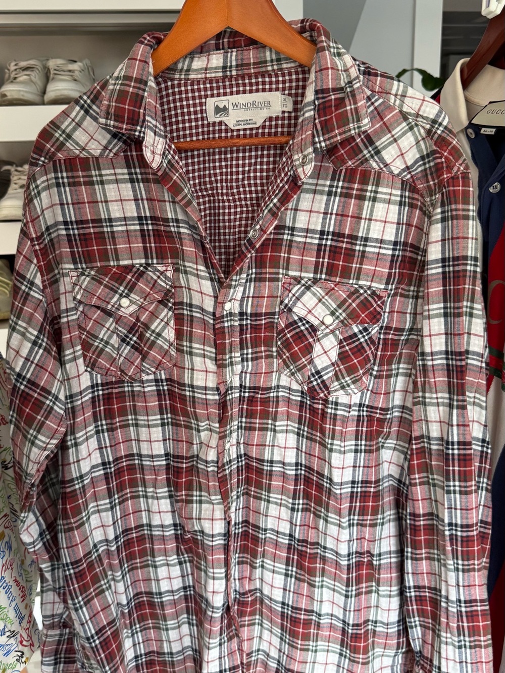 WindRiver Men's Burgundy Plaid Casual Button-Down Shirt